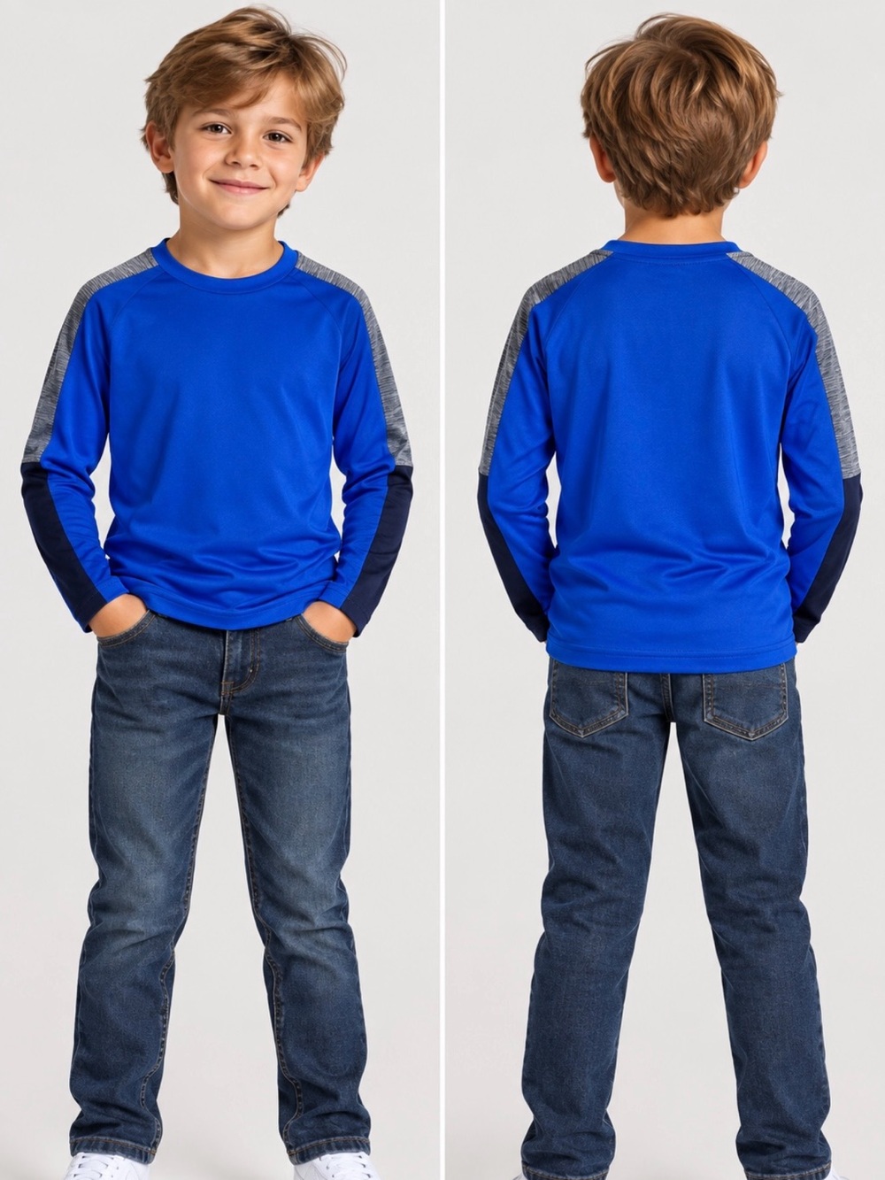 Place Sport S(6/7) Royal Blue Long Sleeve Athletic Tee Gray and Black Accents